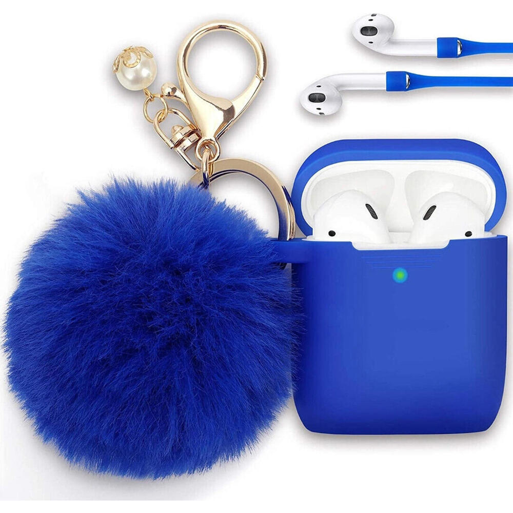 Dark Blue Fur Pom Pom Apple AirPods Case 1/2 Silicone Shockproof Full Keychain